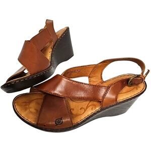 Born Womens Brown Leather Criss Cross Adj Strap Wedge Heel Sandals Size 9 (40.5)